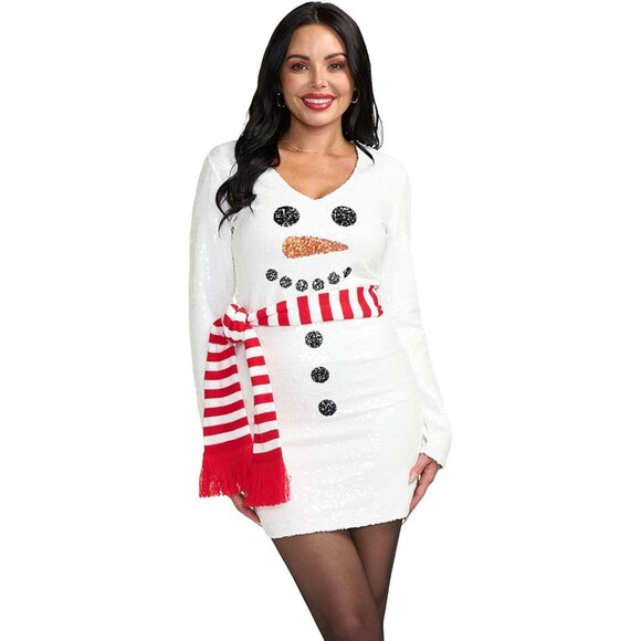 Women's White Snow-Man Christmas Scoop Neck Fun Festive Holiday Sequin Dress - Picture 1 of 3